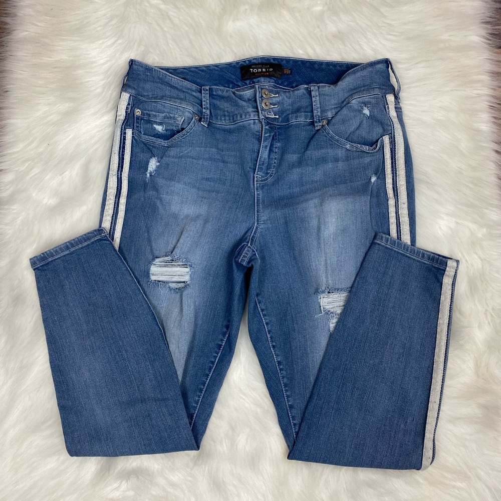 Torrid Blue Distressed Jeans with White Stripes